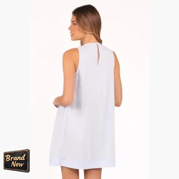 Mini Dress with Round Neck, Back Button, Front Tuck Detail